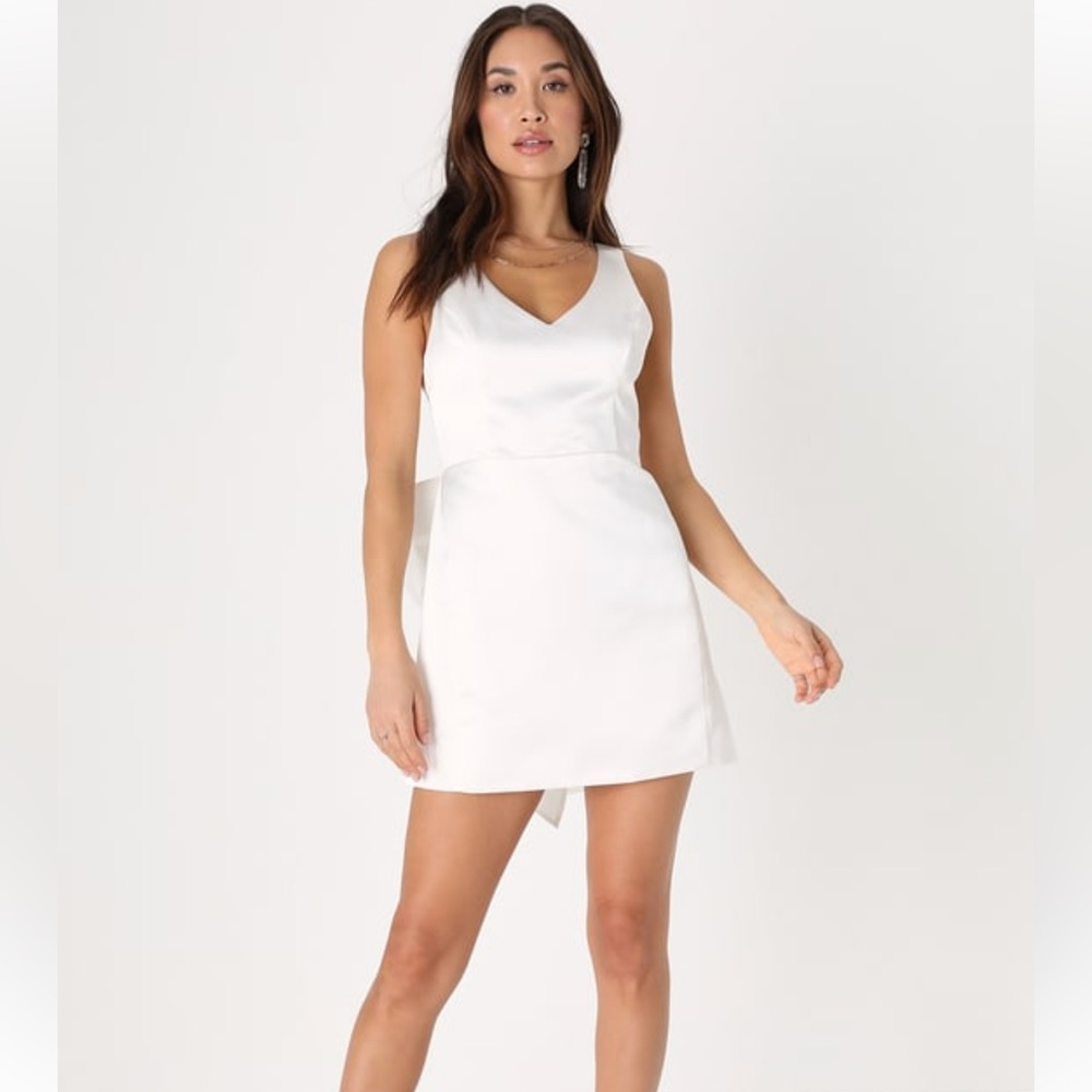 Lulus charming celebration white taffeta bow mini dress